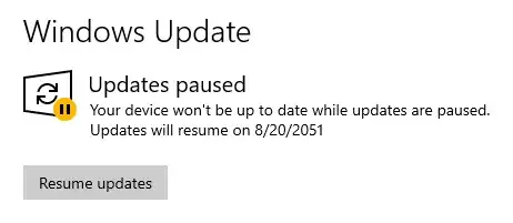 Windows Update paused example screenshot