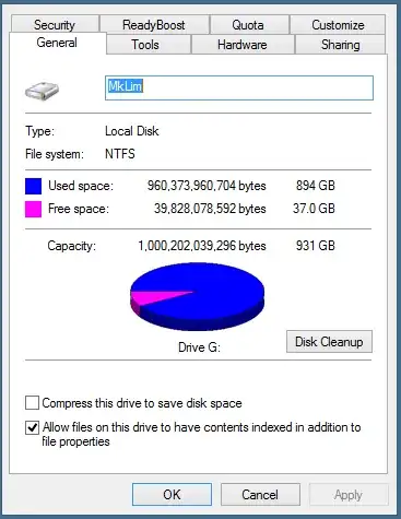 Windows Explorer: 931 GiB total; 894 GiB used; 37.0 GiB free