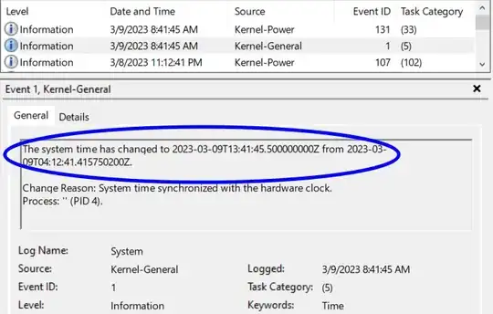 Windows Event Viewer GUI screenshot showing the event with system time message.