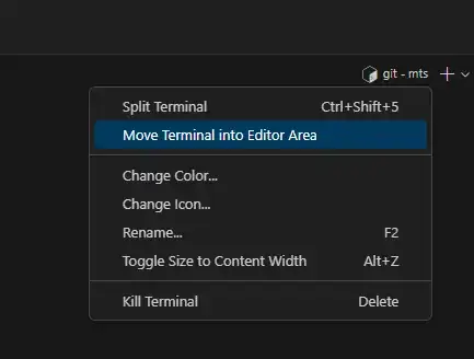 Screenshot showing VSCode context menu option "Move Terminal Into Editor Area".