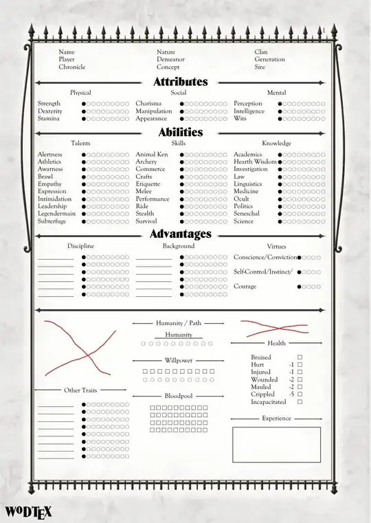 Latex character sheet for Vampire RPG