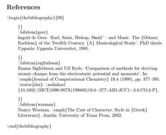 \begin{thebibliography}{99}
{}
\bibitem{geer}
Ingrid de Geer. ‘Earl, Saint, Bishop, Skald~– and Music. The {Orkney
Earldom} of the Twelfth Century. {A} Musicological Study’. PhD thesis.
Uppsala: Uppsala Universitet, 1985.
{}
\bibitem{sigfridsson}
Emma Sigfridsson and Ulf Ryde. ‘Comparison of methods for deriving
atomic charges from the electrostatic potential and moments’. In:
\emph{Journal of Computational Chemistry} 19.4 (1998), pp. 377–395.
\textsc{doi}: \nolinkurl
{10.1002/(SICI)1096-987X(199803)19:4<377::AID-JCC1>3.0.CO;2-P}.
{}
\bibitem{worman}
Nancy Worman. \emph{The Cast of Character. Style in {Greek}
Literature}. Austin: University of Texas Press, 2002.
\end{thebibliography}