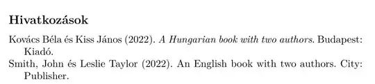 Hivatkozások
Kovács Béla és Kiss János (2022). A Hungarian book with two authors. Budapest: Kiadó.
Smith, John és Leslie Taylor (2022). An English book with two authors. City: Publisher.