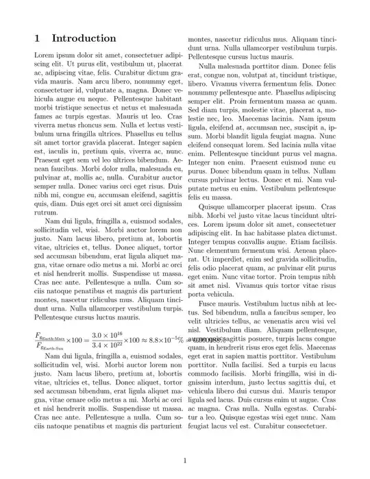 MRE showcasing the display math formula spilling over to the neighbouring column.