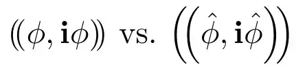 $\inpl{\phi,\mathbf{i}\phi}$ vs.\ $\inpl{\hat{\phi},\mathbf{i}\hat{\phi}}$