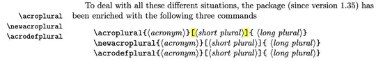 Page 6 of the acronym package documentation, with the square brackets around the "short plural" argument to \acroplural highlighted.