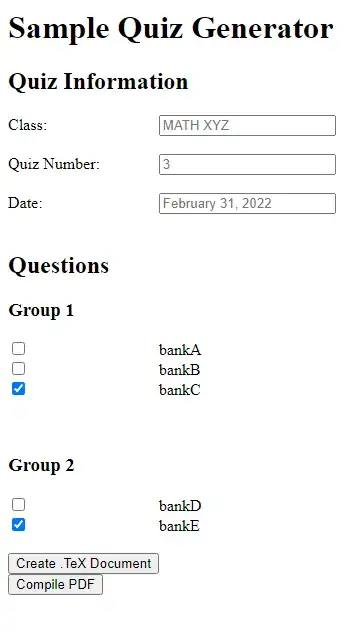 Sample Quiz Generator. Created in HTML