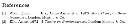 [1] Wong, Quinn, [...], Elk, Anne Anne, et al. 1973. More Theory on Brontosauruses. London: Monthy & Co.
[2] Elk, Anne. 1972. A Theory on Brontosauruses. London: Monthy & Co.