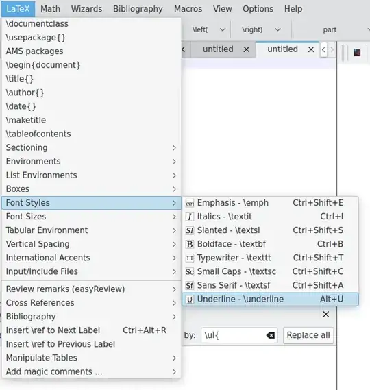 The LaTeX/Font Styles menu with the "Underline - \underline" option highlighted. The shortcut Alt + U has been configured for this menu item.