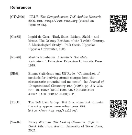 Bibliography with QR code in left column.