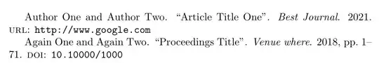 Author One and Author Two. “Article Title One”. Best Journal. 2021. url: http://www.google.com
Again One and Again Two. “Proceedings Title”. Venue where. 2018, pp. 1–71. doi: 10.10000/1000