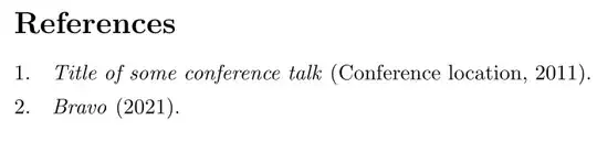 1. Title of some conference talk (Conference location, 2011).
2. Bravo (2021).