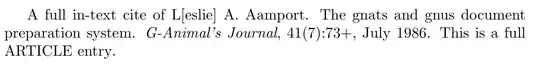 A full in-text cite of L[eslie] A. Aamport. The gnats and gnus document
preparation system. G-Animal’s Journal, 41(7):73+, July 1986. This is a full
ARTICLE entry.