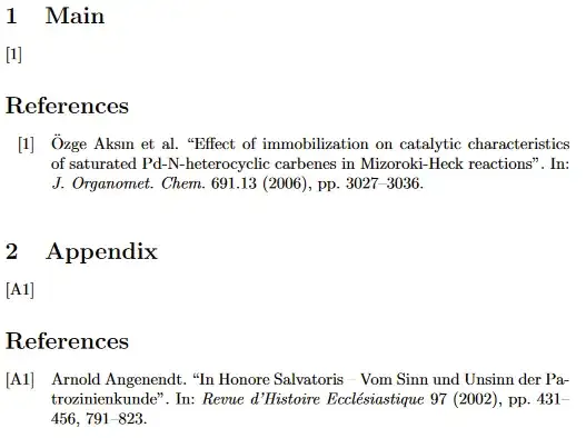 Compiled code showing separate main and appendix bibliographies featuring only citations made in the respective section. The appendix citations are prefixed by the letter A