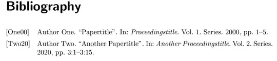 Author One. “Papertitle”. In: Proceedingstitle. Vol. 1. Series. 2000, pp. 1–5.
Author Two. “Another Papertitle”. In: Another Proceedingstitle. Vol. 2. Series. 2020, pp. 3:1–3:15.