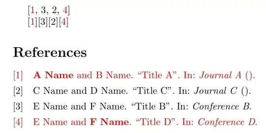 [1, 3, 2, 4]
[1][3][2][4]
[1] A Name and B Name. “Title A”. In: Journal A ().
[2] C Name and D Name. “Title C”. In: Journal C ().
[3] E Name and F Name. “Title B”. In: Conference B.
[4] E Name and F Name. “Title D”. In: Conference D.
The entries "1" and "4" are always highlighted in red