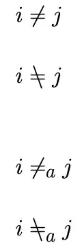 Compiled output of above: depicts i ≠ j, and then a line below with the same but the direction of the slash reversed; then a double line break, followed by the same two lines, except with both symbols having a sub-scripted 'a'