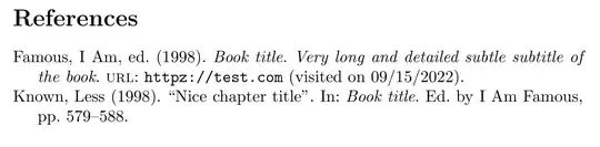 Famous, I Am, ed. (1998). Book title. Very long and detailed subtle subtitle of the book. url: httpz://test.com (visited on 09/15/2022).
Known, Less (1998). “Nice chapter title”. In: Book title. Ed. by I Am Famous, pp. 579–588.