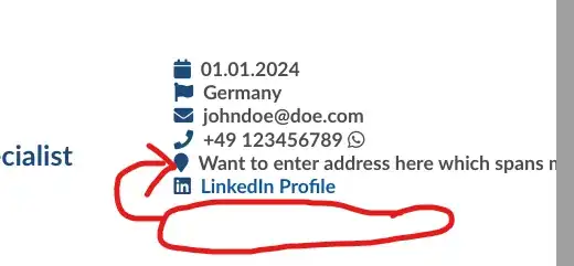 Want to have address over multiple lines before the LinkedIn profile link