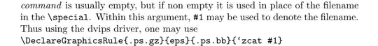 command is usually empty, but if non empty it is used in place of the filename in the \special. Within this argument, #1 may be used to denote the filename. Thus using the dvips driver, one may use \DeclareGraphicsRule{.ps.gz}{eps}{.ps.bb}{zcat #1}``