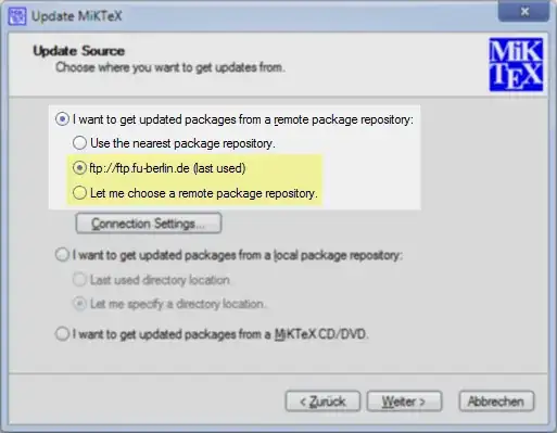 MiKTeX update dialogue window with options highlighted