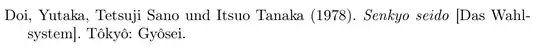 Doi, Yutaka, Tetsuji Sano und Itsuo Tanaka (1978). Senkyo seido [Das Wahlsystem]. Tôkyô: Gyôsei.