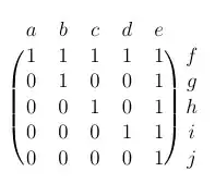 5 by 5 matrix with columns labeled a-e, and rows labeled f-j1