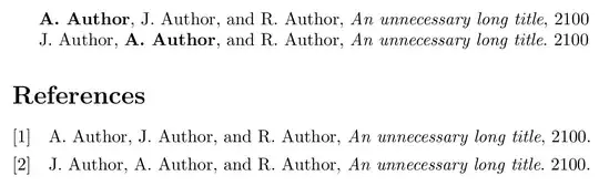 "**A. Author**, J. Author, and R. Author, An unnecessary long title, 2100"//"J. Author, **A. Author**, and R. Author, An unnecessary long title. 2100." Bibliography the same but without bold highlights for names.
