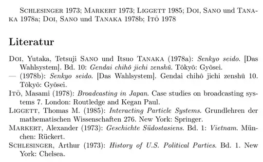 Doi, Yutaka, Tetsuji Sano und Itsuo Tanaka (1978a): Senkyo seido. [Das Wahlsystem]. Bd. 10: Gendai chihô jichi zenshû. Tôkyô: Gyôsei.//— (1978b): Senkyo seido. [Das Wahlsystem]. Gendai chihô jichi zenshû 10. Tôkyô: Gyôsei.//Ito, Masami (1978): Broadcasting in Japan. Case studies on broadcasting systems 7. London: Routledge and Kegan Paul.//Liggett, Thomas M. (1985): Interacting Particle Systems. Grundlehren der mathematischen Wissenschaften 276. New York: Springer.//Markert, Alexander (1973): Geschichte Südostasiens. Bd. 1: Vietnam. München: Rückert.//Schlesinger, Arthur (1973): History of U.S. Political Parties. Bd. 1. New York: Chelsea.