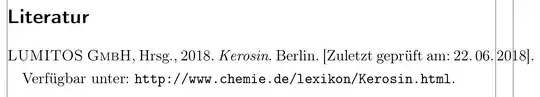 Initial state of the corrected MWE (see code below): The "2018]" bit of "[Zuletzt geprüft am: 22. 06. 2018]" protrudes into the margin