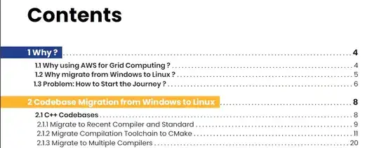 Exemple of Content section with chapter title in boxes going from edge of page to end of title