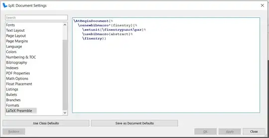 Screenshot showing the previous preamble code in the LyX preamble setting.