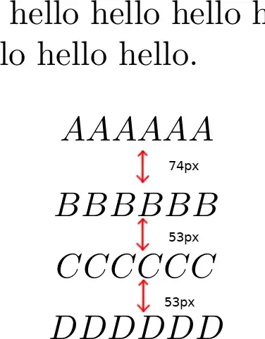 On this screenshot, the spacing between AAAAAA and BBBBBB is 74px, whereas it is 53px between BBBBBB and CCCCCC.