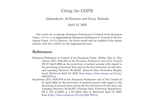 comparison of the citation and legislation types in the APA citation style