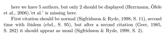 here we have 5 authors, but only 2 should be displayed (Herrmann, Öfele et al., 2006).’et al.’ is missing here.
First citation should be normal (Sigfridsson & Ryde, 1998, S. 11), second
time with ibidem (ebd., S. 95), but after a second citation (Geer, 1985,
S. 282) it should appear as usual (Sigfridsson & Ryde, 1998, S. 2).