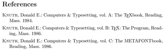 Knuth, Donald E.: Computers & Typesetting, vol. A: The T E Xbook, Reading, Mass. 1984.//Knuth, Donald E.: Computers & Typesetting, vol. B: T E X: The Program, Reading, Mass. 1986.//Knuth, Donald E.: Computers & Typesetting, vol. C: The METAFONTbook, Reading, Mass. 1986.
