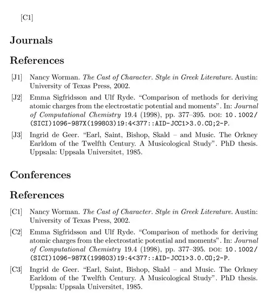 The example shows two bibliographies with the same three entries, the only difference is the prefix in the label