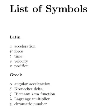 List of Symbols Latin a acceleration F force t time v velocity x position Greek α angular acceleration δ Kronecker delta ζ Riemann zeta function λ Lagrange multiplier χ chromatic number
