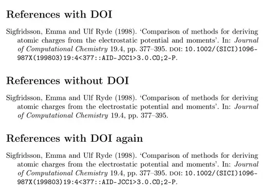 Three bibliographies with the same entry: The first and third have a DOI, the second does not show it.