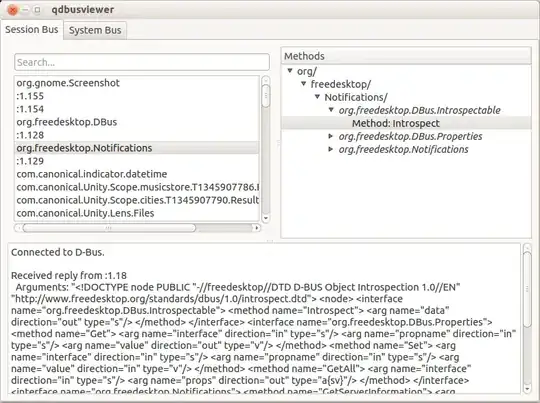 qdbusviewer showing the Session Bus tab with three subpanels