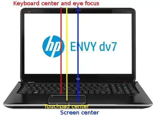 An image of an HP laptop with 3 vertical lines, each representing the centre of the keys, trackpad and screen