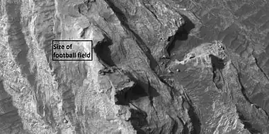 Closer view towards top of white butte, as seen by HiRISE under HiWish program. Box shows size of a football field.