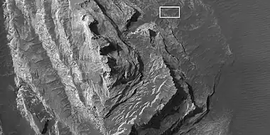 Enlargement of white butte, as seen by HiRISE under HiWish program. Box shows size of a football field.