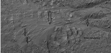 Several levels of alluvial fans, as seen by HiRISE under HiWish program. Locations of these fans are indicated in the previous image. Fans are formed with the action of water.