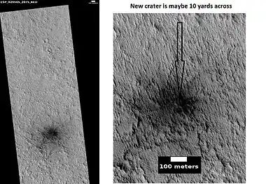 HiRISE images showing discovery of a new crater with HiWish program. A study of the dark areas around new craters like this revealed that dark patches fade by global atmospheric dust deposition and are more likely to occur at higher-latitude sites, lower-elevation sites, and at sites with smaller central craters.  Changing back to the surrounding albedo takes on average 15 martian years.