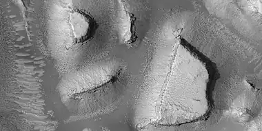 Mesas, as seen by HiRISE under HiWish program. Note: this is an enlargement of a previous image.