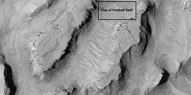 Close view showing blocks being formed, as seen by HiRISE under HiWish program. Note: this is an enlargement of the previous image.  Box represents the size of a football field.