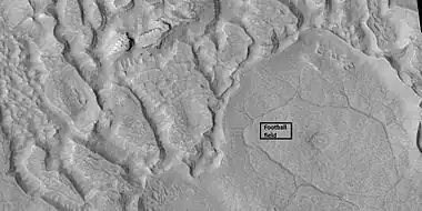 Ribbed terrain being formed from upper plains unit, as seen by HiRISE under HiWish program. Formation begins with cracks that enhance sublimation.  Box shows the size of football field.