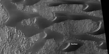 Close view of sand dunes, as seen by HiRISE under HiWish program.  A birchen dune is labeled.