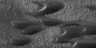 Close view of sand dunes, as seen by HiRISE under HiWish program.  A birchen dune is labeled.